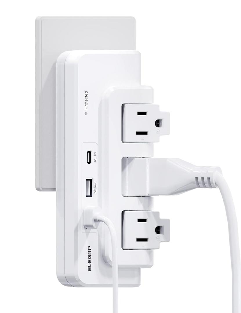 2 x ELEGRP Outlet Extender with 3 Rotating Surge Protector Outlets, Multi Plug Outlet Adapter with 3 USB Ports, Power Strip with Spaced Outlet Splitter for Home, Office, Travel, ETL Listed, White, 1 Pack