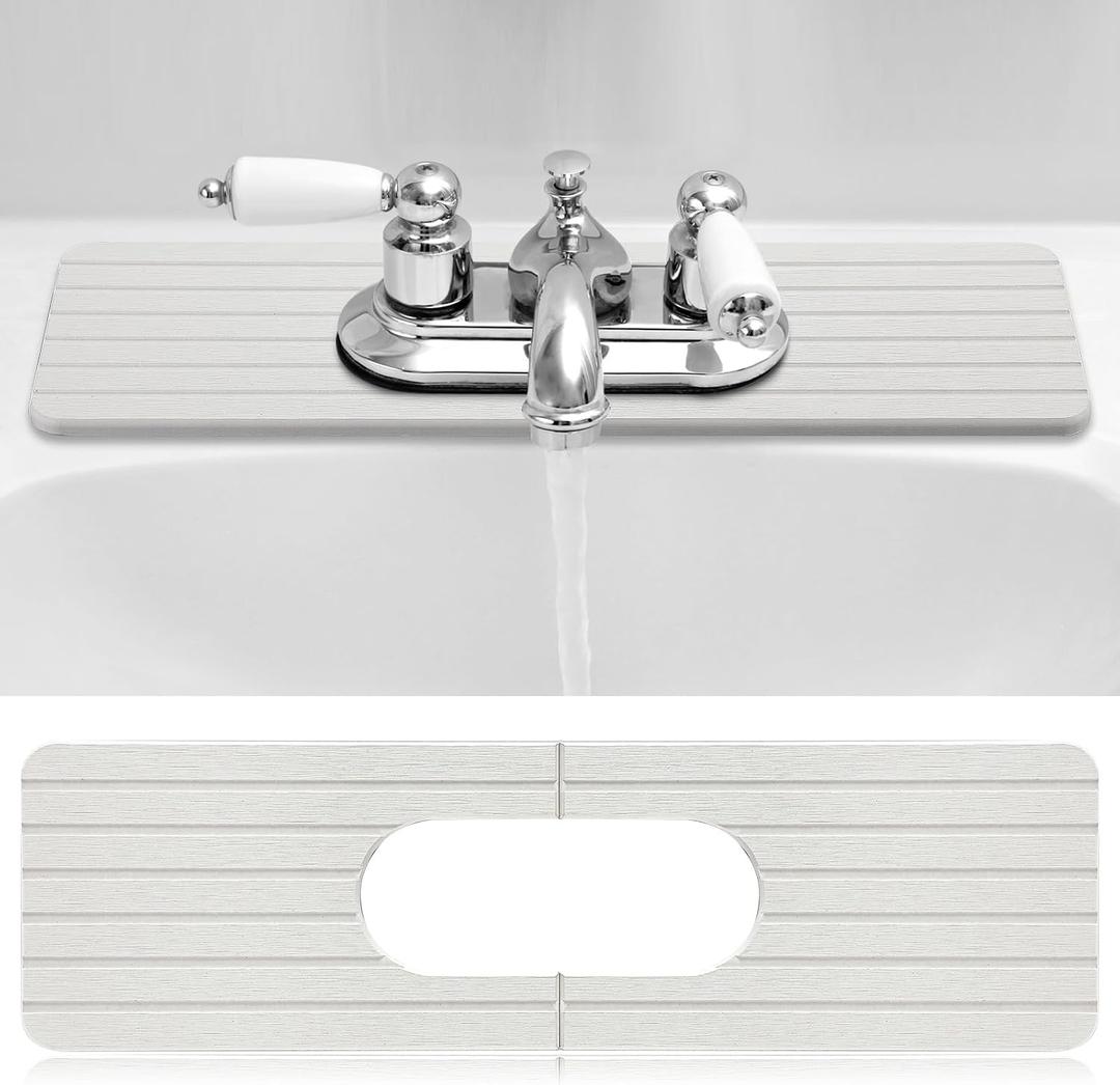 Funnymoom Stone Faucet Mat Sink Splash Guard, 24" Diatomite Quick Drying Stone Faucet Mat, Super Absorbent, Kitchen Sink Oval and Round Splash Tap Pad for Bathroom Counter & Kitchen(White)