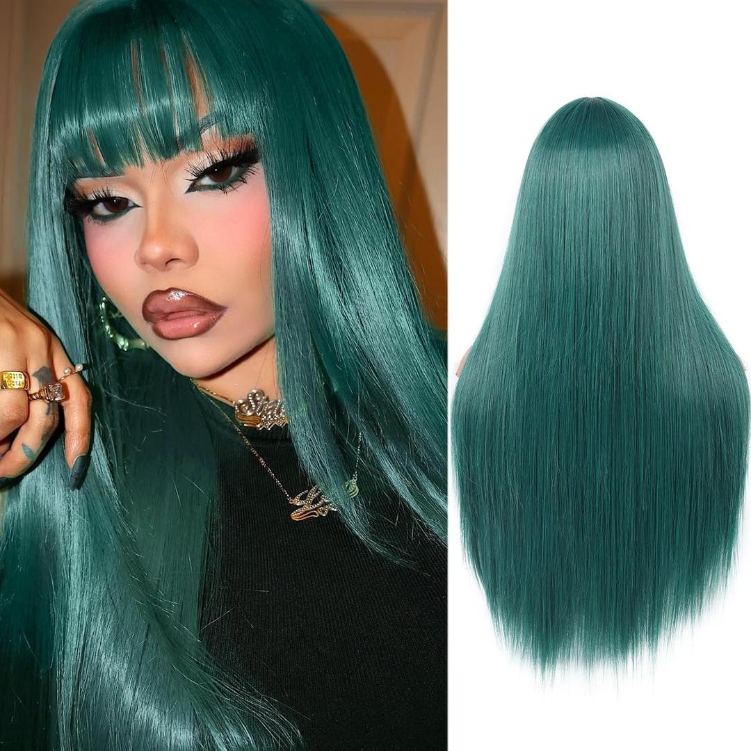 WIGER Long Green Wigs with Bangs Straight Dark Green Hair Wig for Women Long Bangs wig Full Cosplay Wig for Girls Synthetic Natural Hair for Daily or Costumes (Green with Bangs)