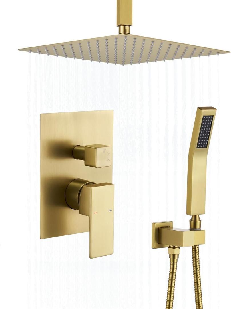 Shower Faucet Set Brushed Gold Shower System,RomceBath Shower Pressured Balance Brass Valve and Trim Kit 10 Inch Shower Head and Bath Handle Combo set Ceiling Mount Tub Shower Faucets Sets Complete