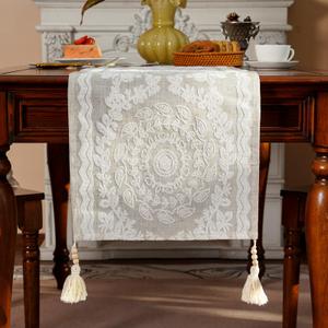 ARTABLE Linen Boho Table Runner Wood Bead Tassel Dresser Scarf 14x108Inch