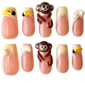 Handmade Press On Nails Cute Monkey 3D Cartoon Banana Lace Trim Medium/Short Square Acrylic False Nails Kawaii Polka Dot (M)