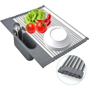 Roll-up Dish Drying Rack with Utensil Holder, Collapsible Stainless Steel (Grey, 17.5" x 15.2") (Gray)