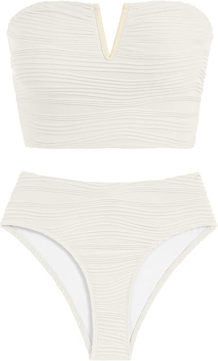 ZAFUL Womens Bandeau Bikini Set Strapless Textured Two Piece Lace up Bathing Suits High Waisted V-Neck Swimsuits, M, Beige