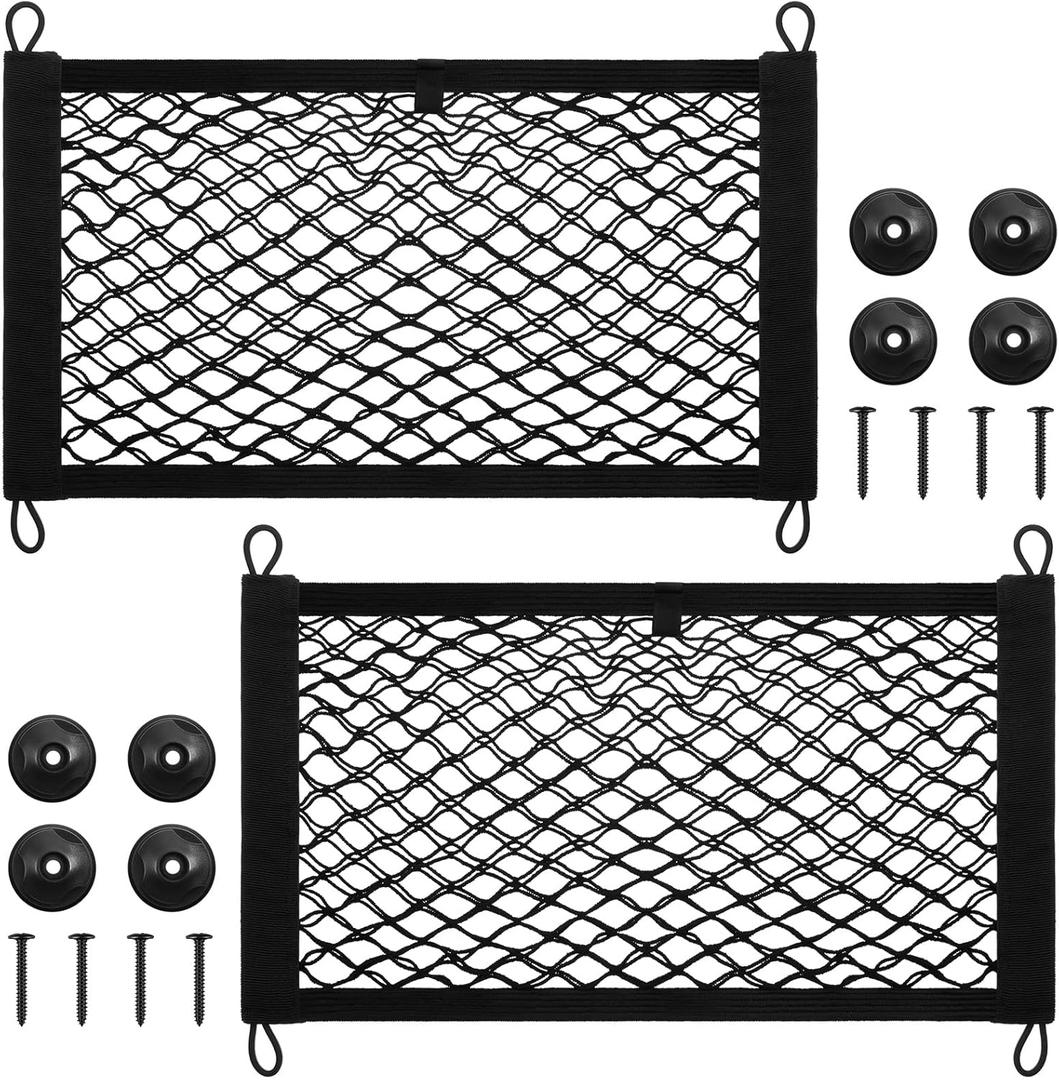 Frienda 2 Pieces Stretchable Small Cargo Net Pocket Storage Mesh Net Elastic Automotive Storage Pouch with 8 Pieces Mounting Screws and Hooks for Truck Car SUV Boats (21 x 9.8 Inches)