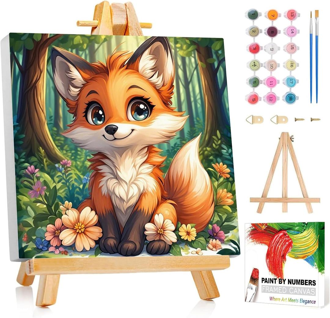 Reivworl Fox Paint by Numbers Kit for Kids - with Frame and Easel, Kids Paint by Number Age 6-8-12 Boys Girls, Paint by Numbers for Kid Gifts and Decor (8X8Inch)