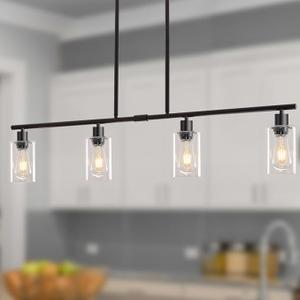 Kitchen Island Lighting, 4 Lights Linear Chandeliers Pendant Light Fixtures for Dining Room Farmhouse Hanging Light with Glass Shades(Black)