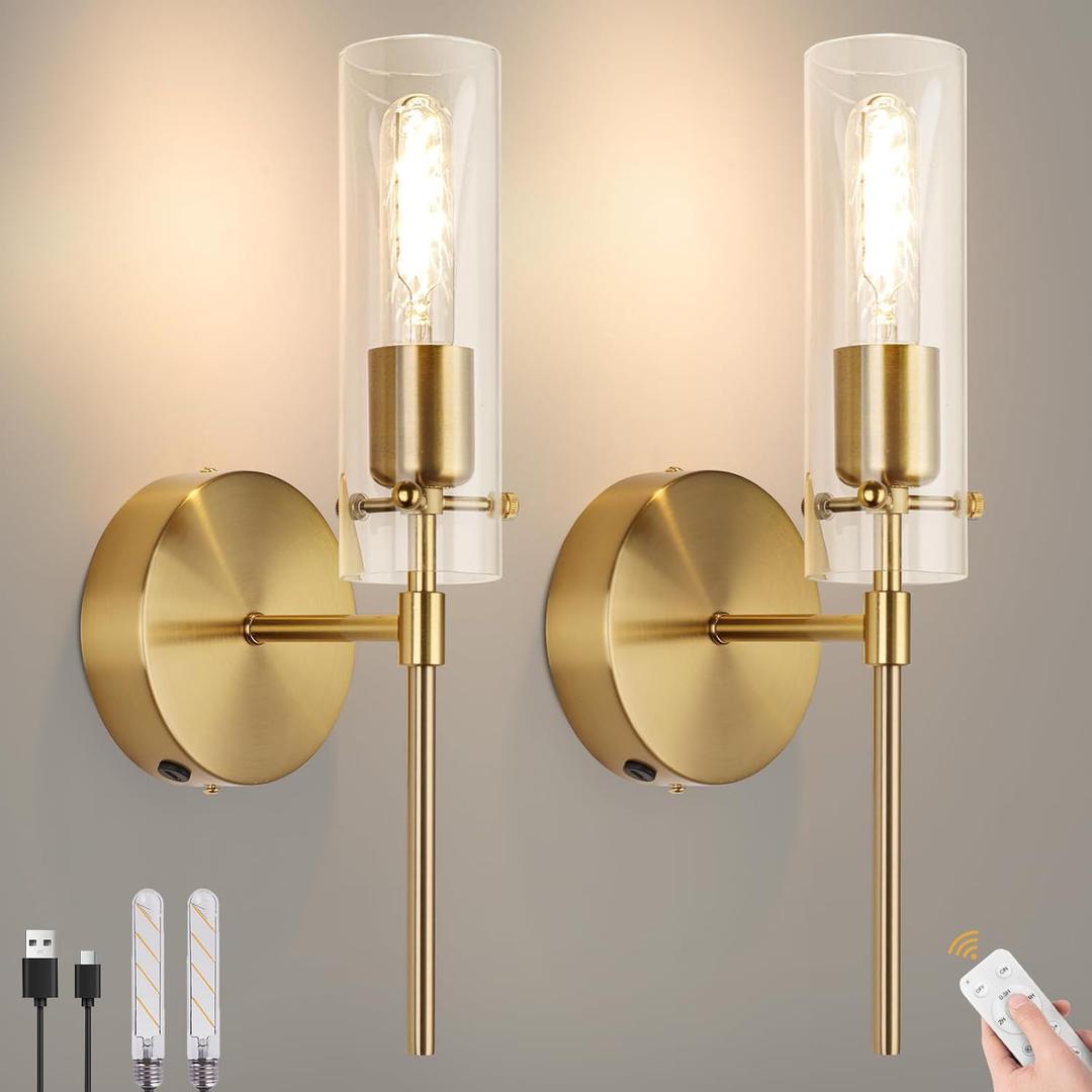 Wall Sconces,Modern Rechargable Wall Lights 7800mAh Endurance 100 Hours 3200K 6W,Fast Charging,Wireless Sconces for Living Room Bedroom Hallway, Bulb Included (Gold)