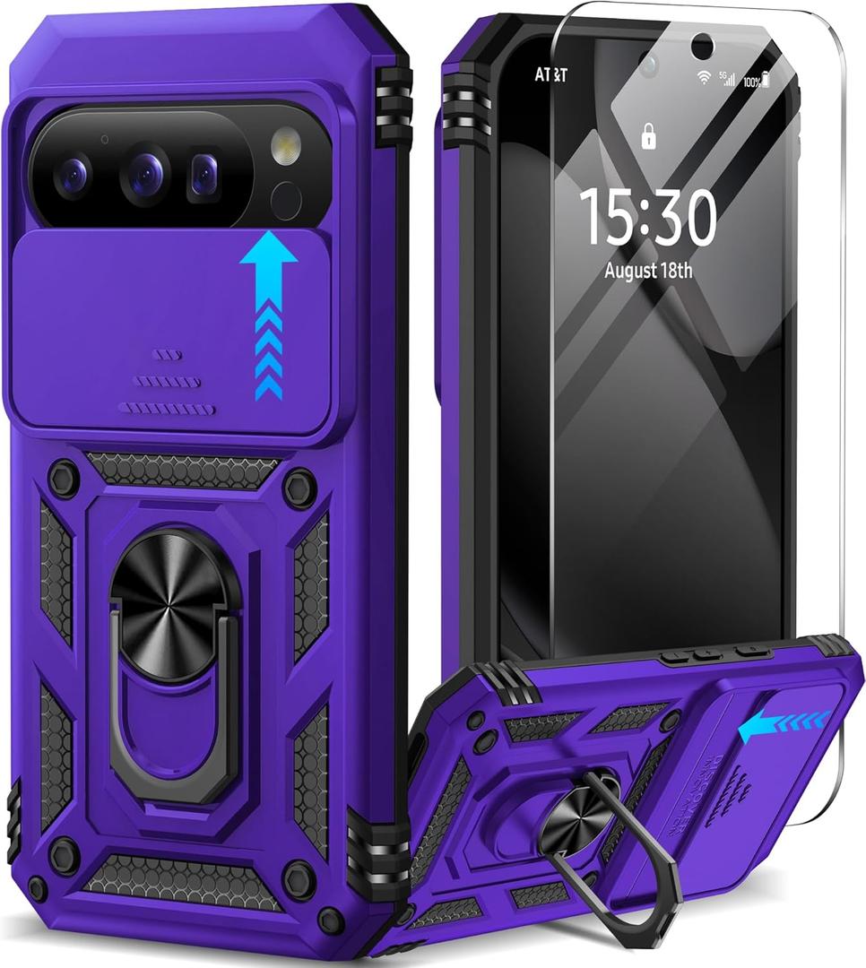 Taisairu for Google Pixel 10 Case/ Pixel 10 Pro Case with Screen Protector & Slide Camera Lens Cover, Built-in Ring Stand Protective Phone Case for Pixel 10 Case/ Google Pixel 10 Pro Case (Purple)