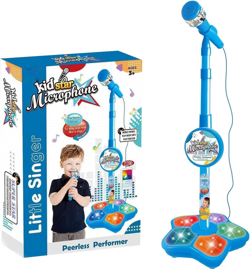 Kids Standing Microphone, Adjustable Standing Microphone, Children's Microphone, Karaoke Machines with Light Pedal, Sing Musical Toy with Flashing Stage Lights, Karaoke Toys Gift for Boy,Girls (Blue)