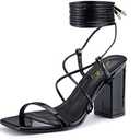 Elisabet Tang Women's Strappy Chunky Heels Sandals, 3 inch Low Block Heels Lace Up Ankle Wrap Heels Square Open Toe Tie Up Heeled Sandals Shoes, Size 8