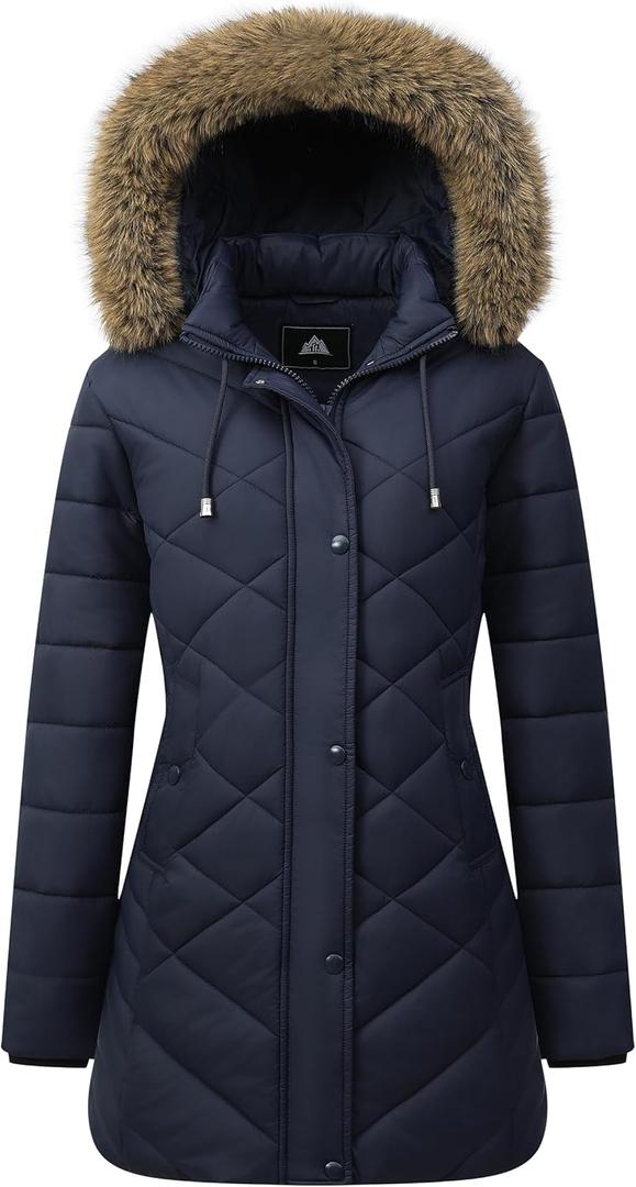 Women's Long Warm Winter Coat Windproof Thickened Fleece Lined Down Jacket Waterproof Puffer Outerwear with Removable Hood (Large, Navy)