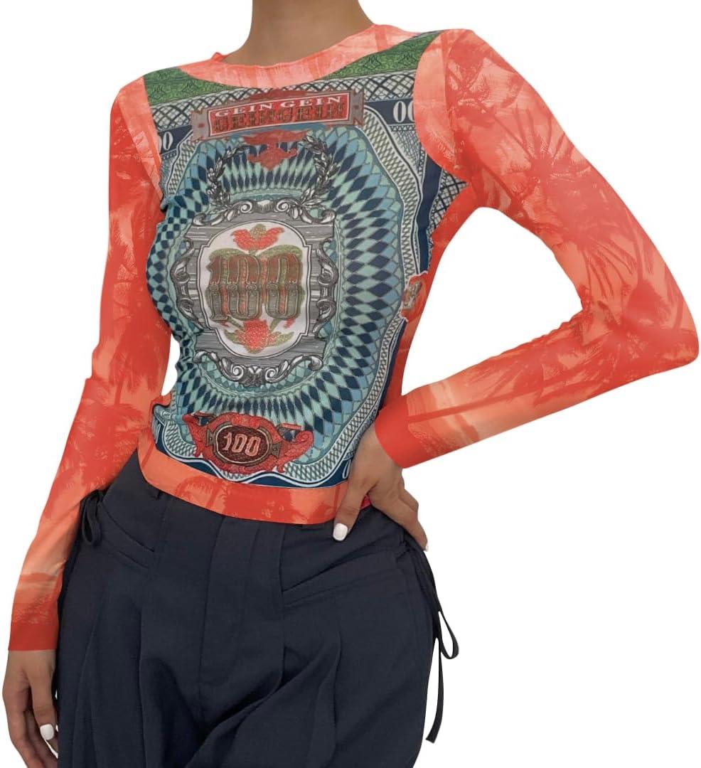 Women Mesh Printed Crop Top Shirt Long-Sleeved Slim Cool T-Shirts Modern Punk Street Tops (X-Small)