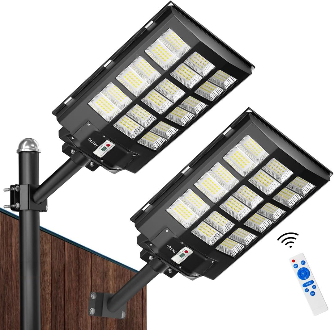 Ofuray Of-3600W Solar Street Light Outdoor, 360000LM Solar Street Light Parking Lot Lights Commercial Dusk to Dawn, 6500k IP67 Waterproof Led with Remote Control Motion for Street,Court,Tree 2Pcs