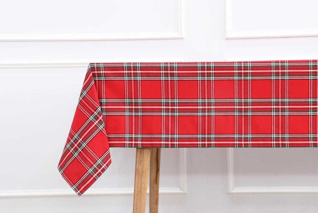 PurpleEssences Tartan Plaid Tablecloth - Water Resistant Wipeable Washable Checkered 60 x 120 Inch Table Cloth for Outdoor Picnic Dining - Christmas Holiday Winter - Red and Green