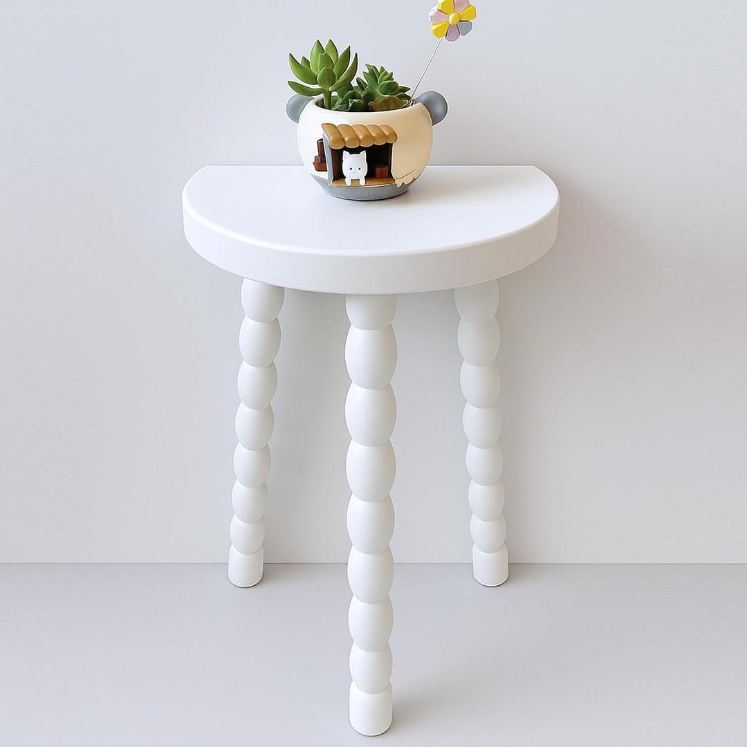 LitaEther Wooden Bobbin Side Table - Plant Stand - Half Round Table - Wooden Accent Stool- Minimalist Decorative Table for Bedroom, Hallway, Living Room (1, White), 11.8" x 7.9" x18"
