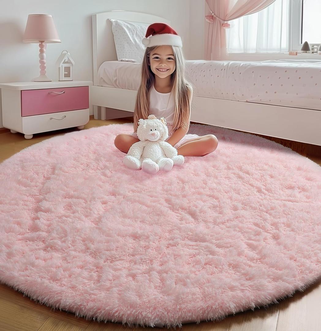 ONASAR Light Pink Round Area Rugs 4ft for Bedroom Living Room, Fluffy Circle Rug for Kids Girls Boys Teen, Soft Plush Shaggy Carpet for Nursery Dorm Classroom Playroom Home Decor Aesthetic (4' (Round)