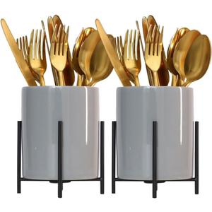 Caddy Flatware Caddy Holder Grey Ceramic with metal round frame Store Utensils, Silverware Organize kitchen Countertops and Dining tables(2 pieces 3.14 * 4.6 inch)