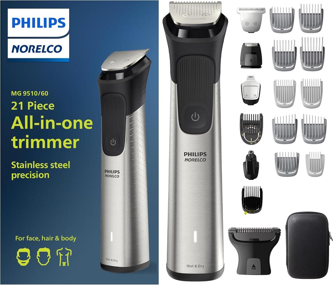 Norelco New Philips Multigroom Series 9000-21 Piece Men's Grooming Kit for Beard, Body, face, Nose, Ear Hair Trimmer w/Premium Storage case, MG9510/60