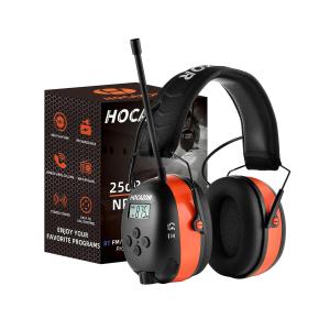 Hocazor HP033 Bluetooth 5.4 Hearing Protection AM FM Radio Headphones, 25dB NRR Noise Reduction Safety Earmuffs with 2000mAh Rechargeable Battery for Mowing Workshops, Orange