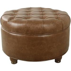 Homepop Home Decor | Button Tufted Faux Leather Round Storage Ottoman | Ottoman with Storage for Living Room & Bedroom (Brown)
