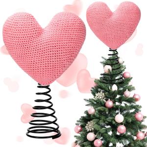 11.2x8 Inch Valentine's Day Tree Topper Crochet Knit Heart Tree Topper Large Christmas Ornament Heart Decorations for Valentines Day Wedding Party Home Indoor(Pink)