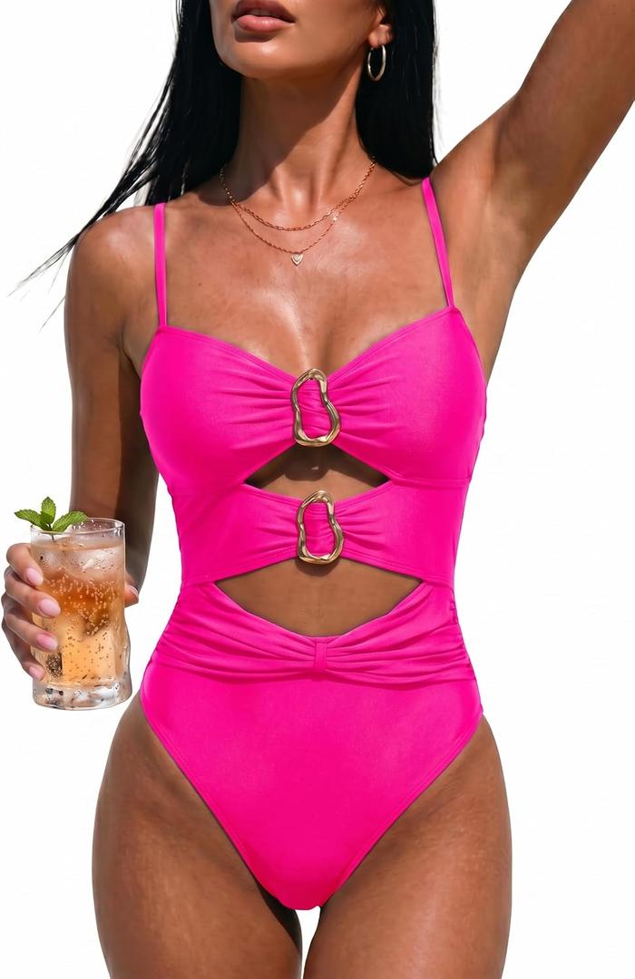 One Piece Swimsuit for Women with Metal Ring Swim Suit Sexy Bathing Suit Cutout Monokini 2026 (Pink, S)