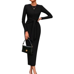 PRETTYGARDEN Women's 2025 Wedding Guest Midi Dresses Semi Formal Long Sleeve Bodycon Tie Waist Cocktail Fall Fashion Clothes (Black,Large)