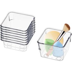 8 PCS Stackable Clear Drawer Organizers 3" x 3" x 2" Square Trays Small Makeup Vanity Storage Bins Clear Desk Drawer Organization Container Dividers for Office Bathroom Kitchen Utensil