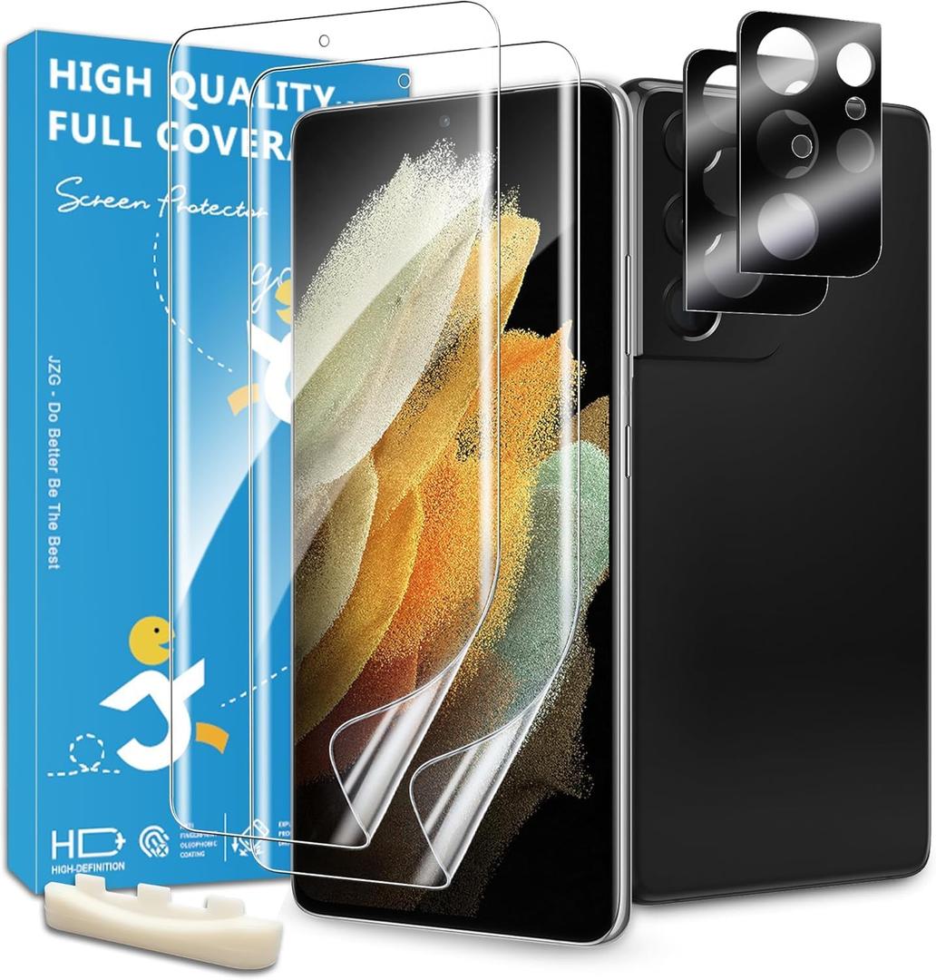 JZG 2 Pack for Galaxy S21 Ultra Screen Protector [Soft Film], 2 Pack Camera Lens Protector, Fingerprint Unlock, Curved Edge Coverage, Anti-Scratch, Easy Installation