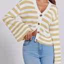 Saodimallsu Womens Striped Cardigan Sweaters Cropped Fall Button Open Front Long Sleeve Knit Sweater Coat with Pockets (Beige)