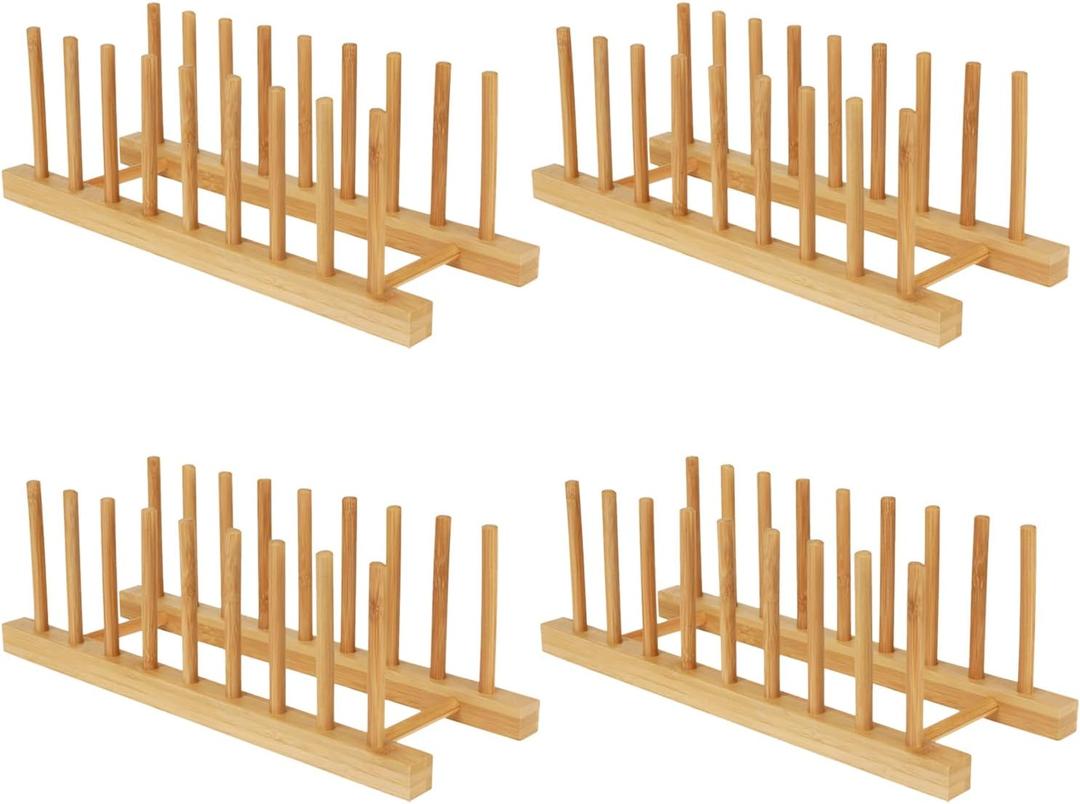 Bamboo Dish Drying Rack Kitchen Cabinet Organizer, Plate Pot Lid Organizer, Wooden Drying Rack Stand Drainer for Dish, Pots, Lids, Bowls, Cups, and Cutting Boards and Books (4PCS)