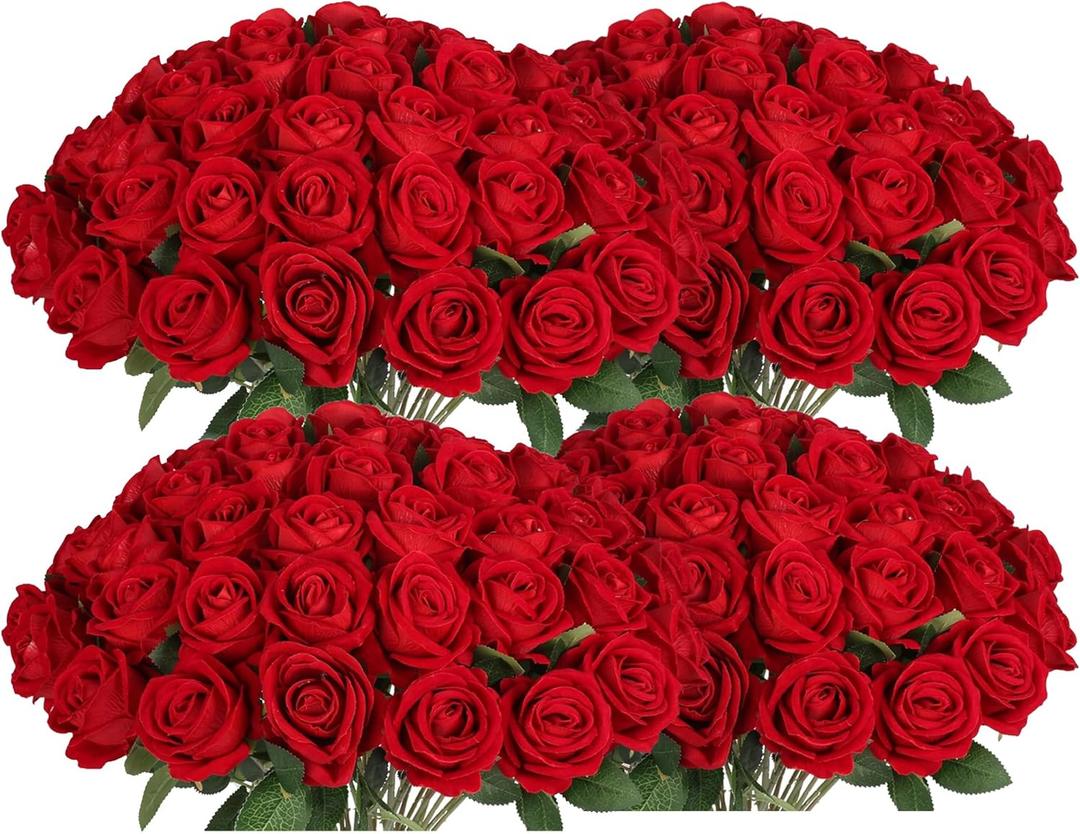 100 PCS Fake Red Roses, Artificial Red Flowers Bulk Realistic Silk Faux Rose with Stems for Wedding Decoration Anniversary Bridal Bouquet DIY Floral Arrangement Romantic Home Decor Gifts