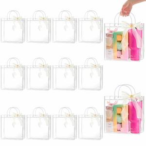 Ohuimrt 20 PCS Clear Plastic Gift Bags with Handles, 11 x 11 x 3.94 Inches Reusable Party Favor Bags with Ribbon Transparent Gift Wrap Bags Bulk for Weddings Birthdays