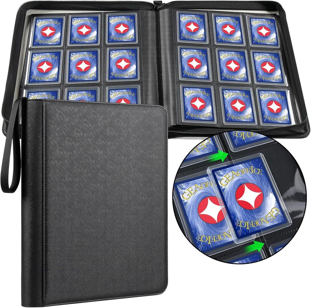GEAoffice 9 Pockets Top Loader Binder for 324 Cards, Premium PU Leather Side Loading Trading Card Binder for Toploader, Ringless Card Collection Album Holder for 3"4" Rigid, Black