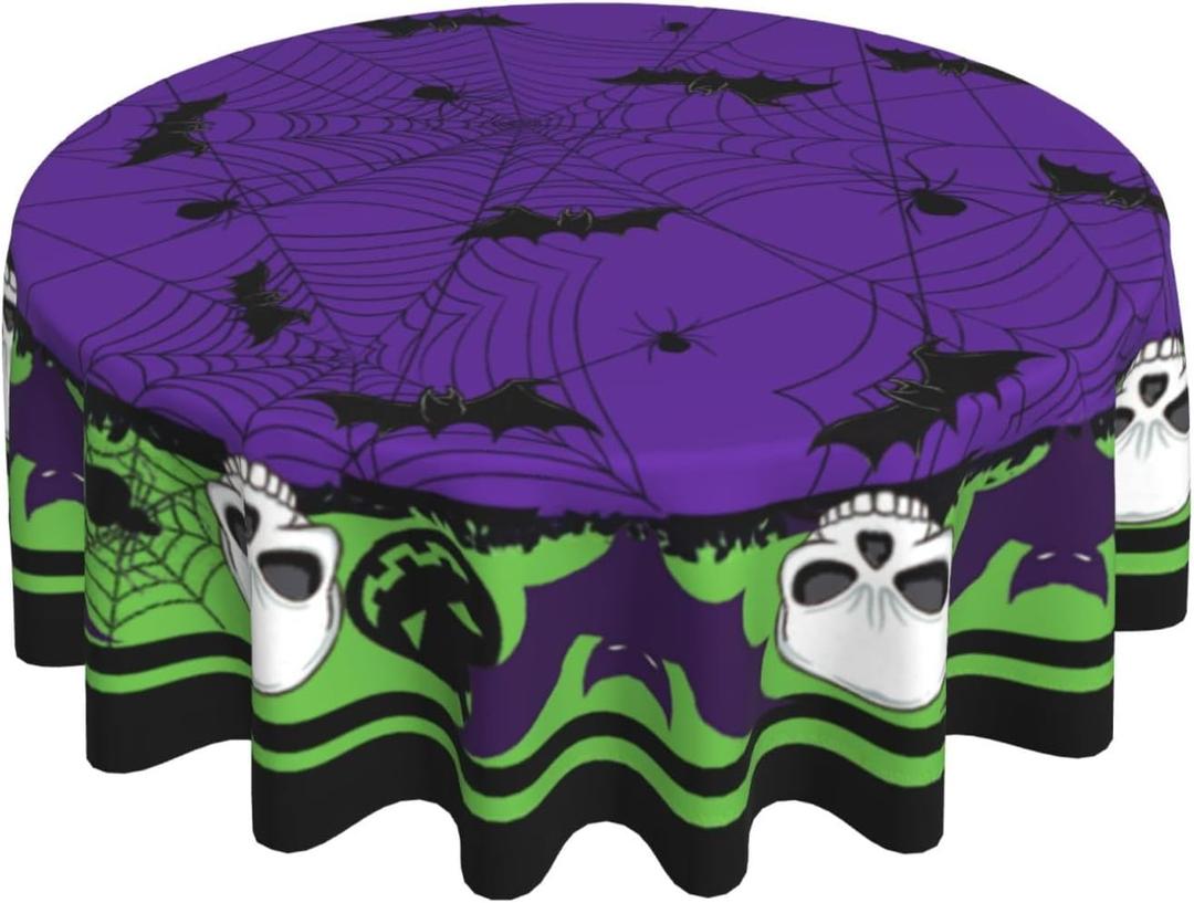 Mutakin Halloween Tablecloth Skull Bats Round Table Cover Washable Table Cloth for Home Party Picnic Decorations