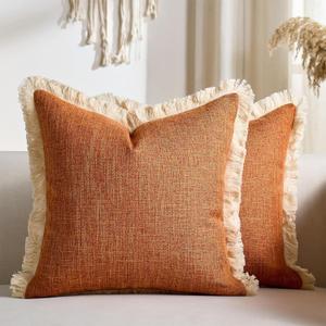 Decorative Faux Linen Couch Pillow Covers 18x18 Inch Fall Burnt Orange Boho Farmhouse Throw Pillow Cases with Tassels Woven Textured Cushion Covers for Sofa Bed Living Room Home Decor Set of 2