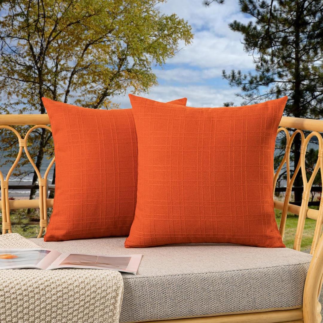 Kevin Textile Fall Outdoor Waterproof Throw Pillow Covers Decorative Farmhouse Water Resistant Checkered Cushion Covers for Tent Patio Garden Couch Sofa Pack of 2 (18x18 Inch Orange)