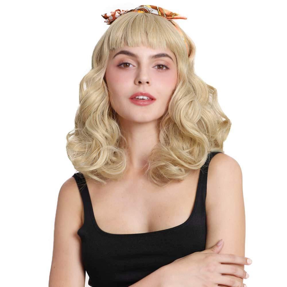 Rockabilly Vintage Wig Audrey Hepbum Short Bang Wig Long Finger Wavy Wigs for Women (Blonde)