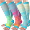 bropite Open Toe Compression Socks for Men & Women - 3 Pairs of 15-20 mmhg Knee High Stockings for Circulation Support (Large-X-Large, D-light Blue)