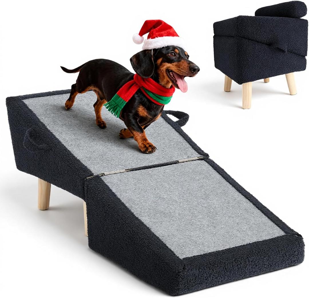 Dog Stairs for Small Dogs and Cats 2-in-1 Dog Ramp for Couch and Low Bed, 16.5'' Foldable Wooden Pet Ramp, Sturdy Multi-Use Split Ottoman Design, Dark Blue