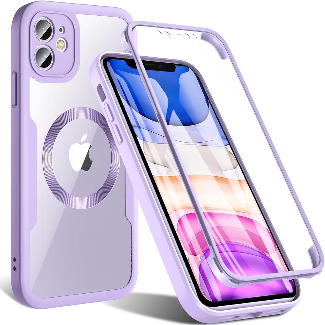 BESINPO Magnetic Case for iPhone 11 Case with Built-in Screen Protector, [Compatible with MagSafe] 360 Full-Body Shockproof Phone Cover for iPhone 11 6.1 inch, Purple Clear