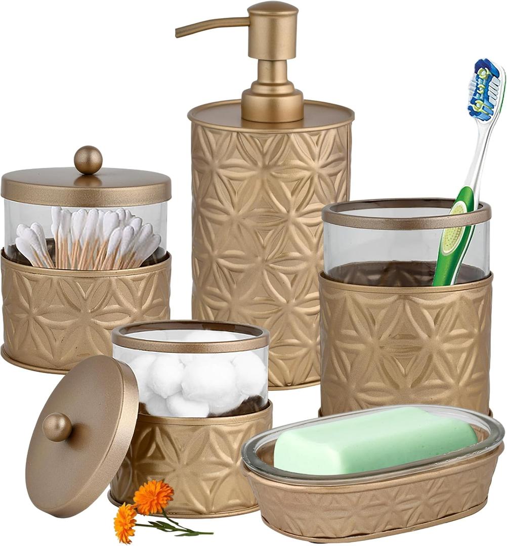 Autumn Alley Brushed Gold Bathroom Accessories Set, 5 Piece Champagne Gold Modern Bathroom Decor - Soap Dispenser, Toothbrush Holder, 2 Apothecary Jars, Soap Holder, Farmhouse Bathroom Dcor