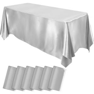 MCEAST 6 Packs Satin Tablecloth 102 x 58 Inches Rectangular Table Overlay Cover Bright Silk Tablecloth Smooth Fabric Table Decor for Wedding Banquet Decoration (Silver)