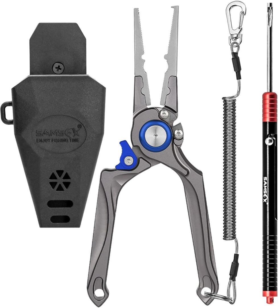 SAMSFX Fishing Pliers, Muti-Function Fly Fishing Tools, 8" Saltwater Resistant Gear Hook Remover Split Ring Tungsten Cutters, with Lanyard & Sheath