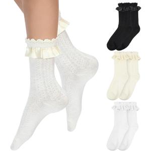 TIESOME 3 Pairs Crew Socks, Lace Ruffle Frilly Socks Cute Princess Ankle Dress Sock for Fashion Ladies