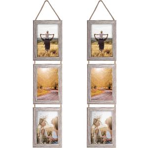 Lavezee 4x6 Collage Hanging Triple Picture Frames Set, Rustic 6 Opening Vertical Frame Made to Display 4 by 6 Inch Photo Postcard for Wall Decor