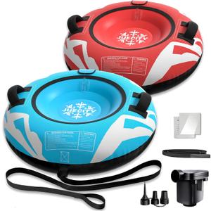 Snow Tube for Sledding Heavy Duty, Inflatable Snow Sled Innertube with Air Pump & Premium Canvas Cover for Kids Adult with Thickened Bottom, Towable Rope (2 Pack)