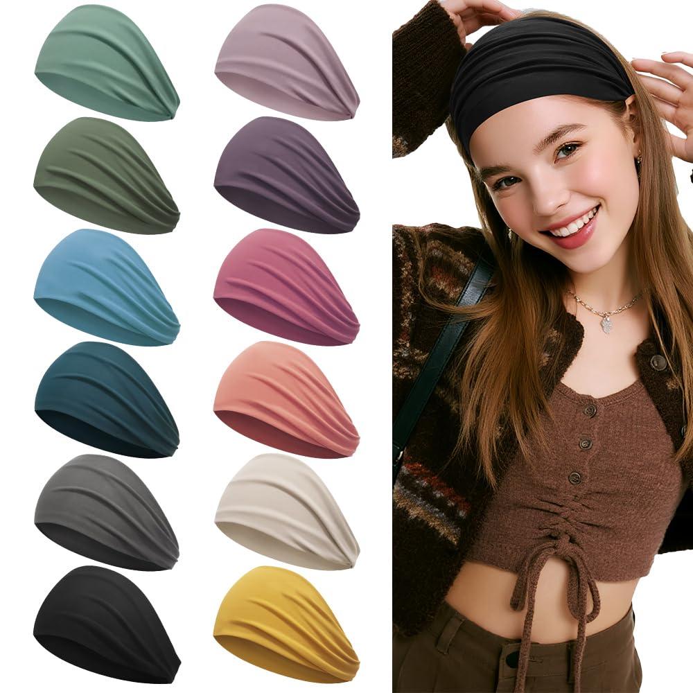 Z-CHARMMY Wide Headbands for Women Non Slip, Fabric Head Bands for Women's Hair, Nurse Headbands for Women, Fashion Winter Hair Accessories, 12 Solid Colors
