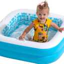 Baby Pool with Cushioned Floor, Grip Handles and Drain - Skin Safe Small Square Inflatable Kiddie Pool, Bathtub and Ball Pit, for Babies, Infants and Toddlers 1-3, 34" Summer Blue